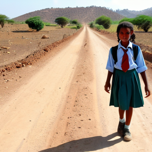 Home 4 A young Eritrean girl in a vibrant school uniform, walking a dusty road to school in a rural area, textbooks in hand, juxtaposed with a field where other girls are working, emphasizing the difficult choice between education and labor. The style should be realistic and evocative, capturing the harsh sunlight and the determination in the girl's eyes.