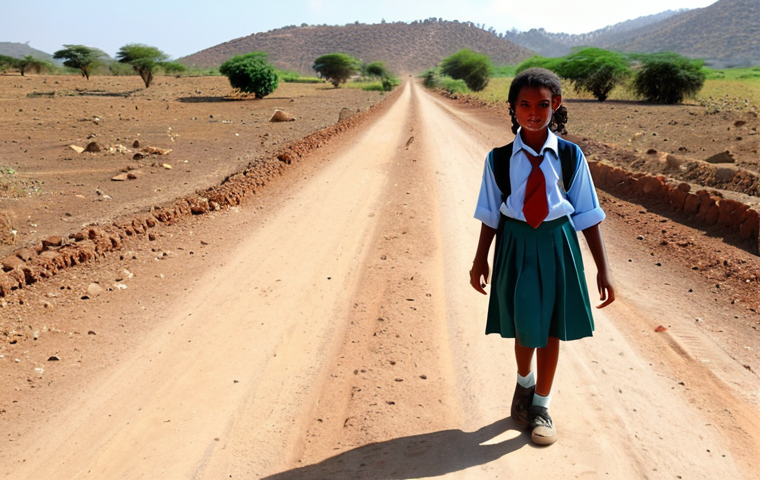 A young Eritrean girl in a vibrant school uniform, walking a dusty road to school in a rural area, textbooks in hand, juxtaposed with a field where other girls are working, emphasizing the difficult choice between education and labor. The style should be realistic and evocative, capturing the harsh sunlight and the determination in the girl's eyes.