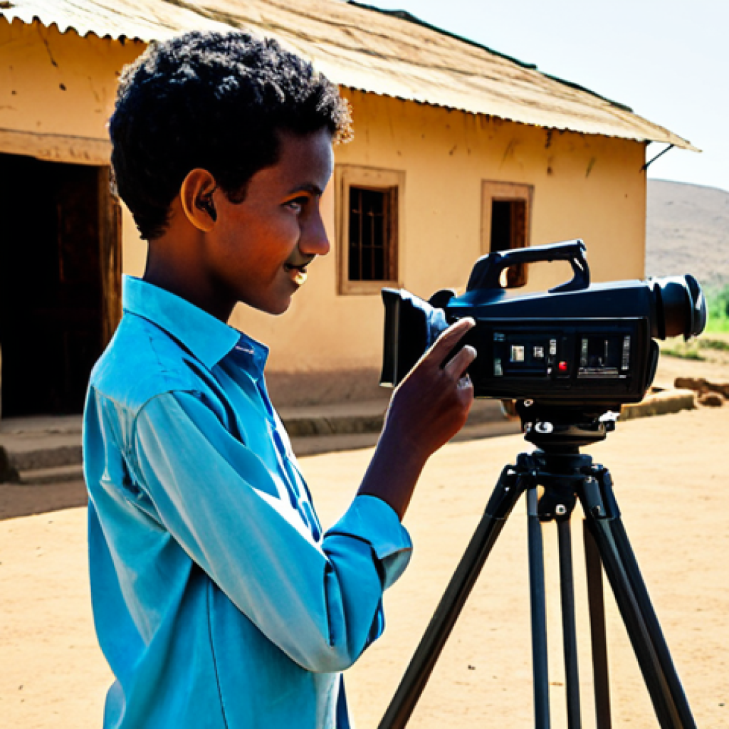 A dedicated young Eritrean filmmaker, fully clothed in modest, practical attire, operating a simple video camera in a sun-drenched, rustic outdoor setting in rural Eritrea. The scene captures the raw passion and ingenuity of early filmmaking, with natural light illuminating their focused expression. The background features subtle elements of traditional Eritrean architecture or a vast, natural landscape. This image embodies resilience and authentic storytelling. safe for work, appropriate content, fully clothed, family-friendly, perfect anatomy, correct proportions, natural pose, well-formed hands, proper finger count, natural body proportions, professional photography, high quality.