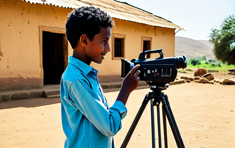 A dedicated young Eritrean filmmaker, fully clothed in modest, practical attire, operating a simple video camera in a sun-drenched, rustic outdoor setting in rural Eritrea. The scene captures the raw passion and ingenuity of early filmmaking, with natural light illuminating their focused expression. The background features subtle elements of traditional Eritrean architecture or a vast, natural landscape. This image embodies resilience and authentic storytelling. safe for work, appropriate content, fully clothed, family-friendly, perfect anatomy, correct proportions, natural pose, well-formed hands, proper finger count, natural body proportions, professional photography, high quality.