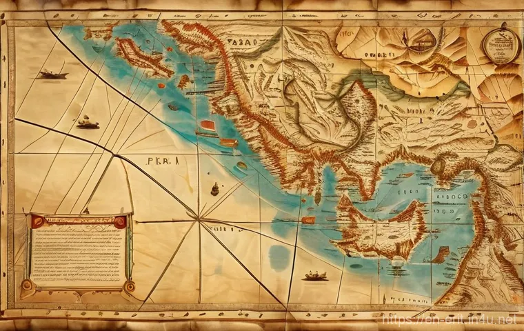 에리트레아 역사적 지도 - Ancient Red Sea Trade Routes on Parchment

"A close-up, highly detailed image of an ancient, weather...