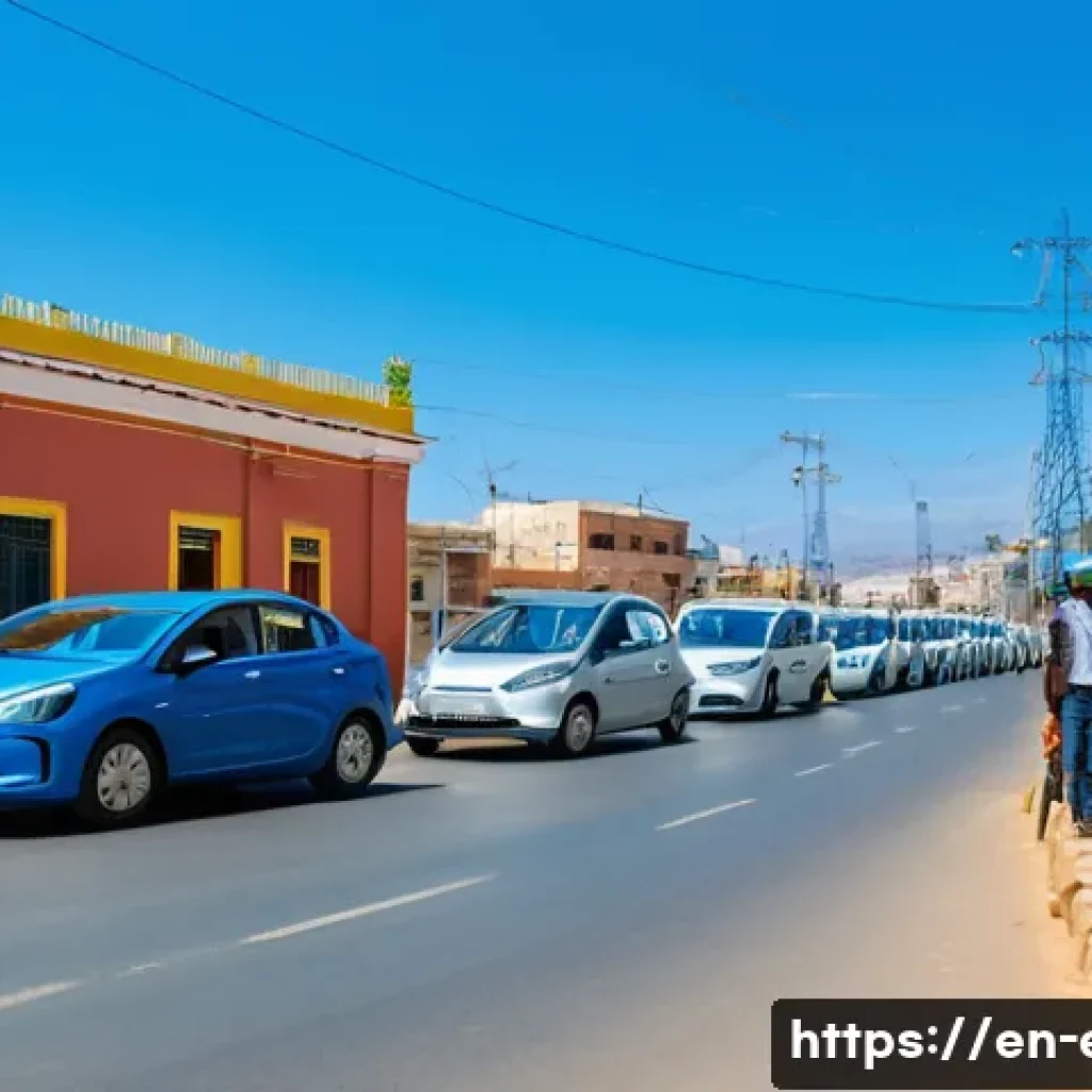 에리트레아 전기차 도입 상황 - A vibrant urban street scene in Asmara, Eritrea, featuring modern electric vehicles with drivers wea...