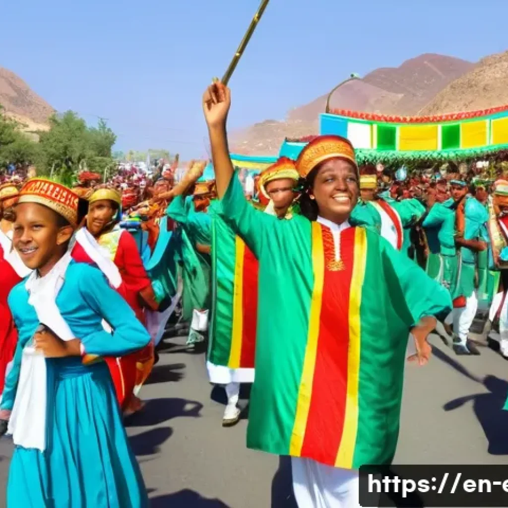 에리트레아 독립 기념일 - A vibrant street parade in Eritrea celebrating Independence Day, featuring a diverse group of men, w...