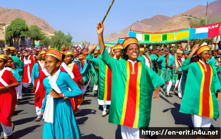 에리트레아 독립 기념일 - A vibrant street parade in Eritrea celebrating Independence Day, featuring a diverse group of men, w...