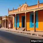 에리트레아의 도시 계획 - A vibrant street scene in Asmara, Eritrea, showcasing a harmonious blend of Italian modernist archit...