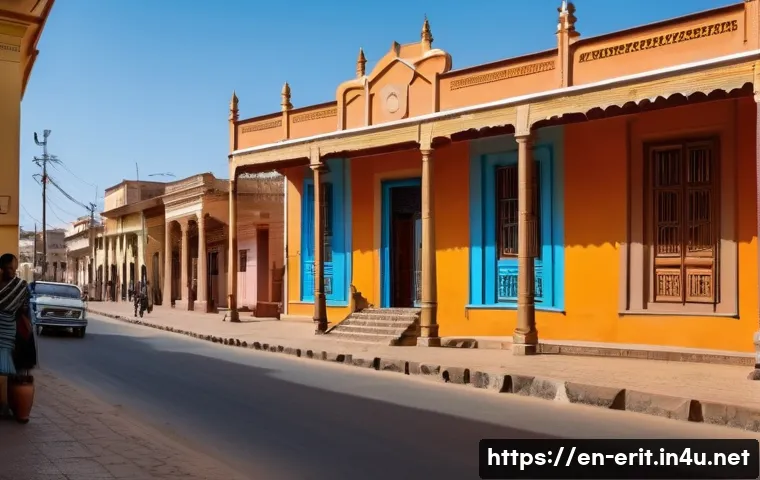 에리트레아의 도시 계획 - A vibrant street scene in Asmara, Eritrea, showcasing a harmonious blend of Italian modernist archit...