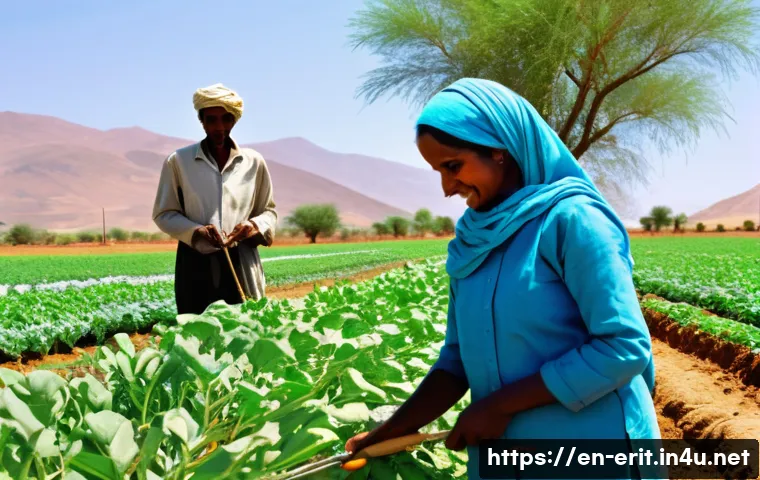에리트레아의 경제 발전 - A vibrant Eritrean rural farming scene showcasing smallholder farmers working collaboratively in a s...