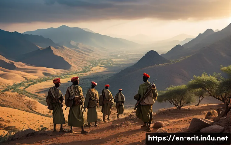 에리트레아 내전의 역사 - A detailed historical scene depicting Eritrean liberation fighters in rugged mountainous terrain dur...