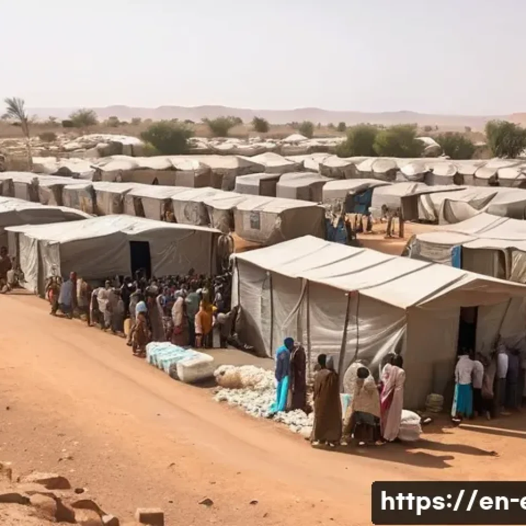 에리트레아 난민 문제 - A detailed scene of an overcrowded refugee camp in Sudan near the Eritrean border, showing diverse g...