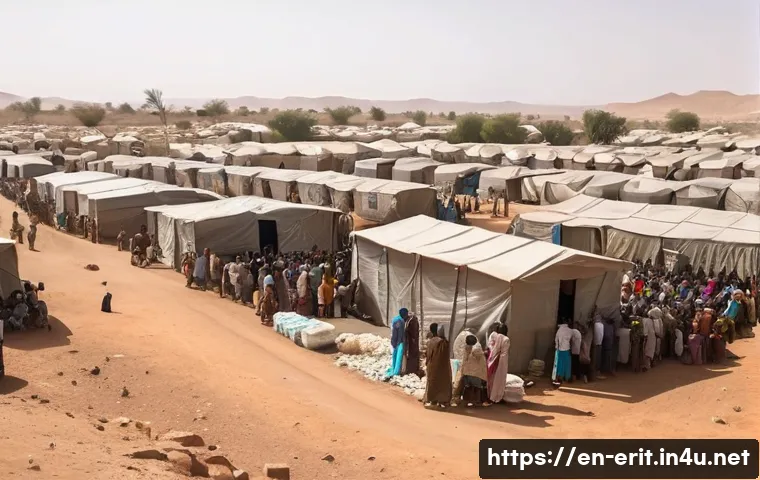 에리트레아 난민 문제 - A detailed scene of an overcrowded refugee camp in Sudan near the Eritrean border, showing diverse g...