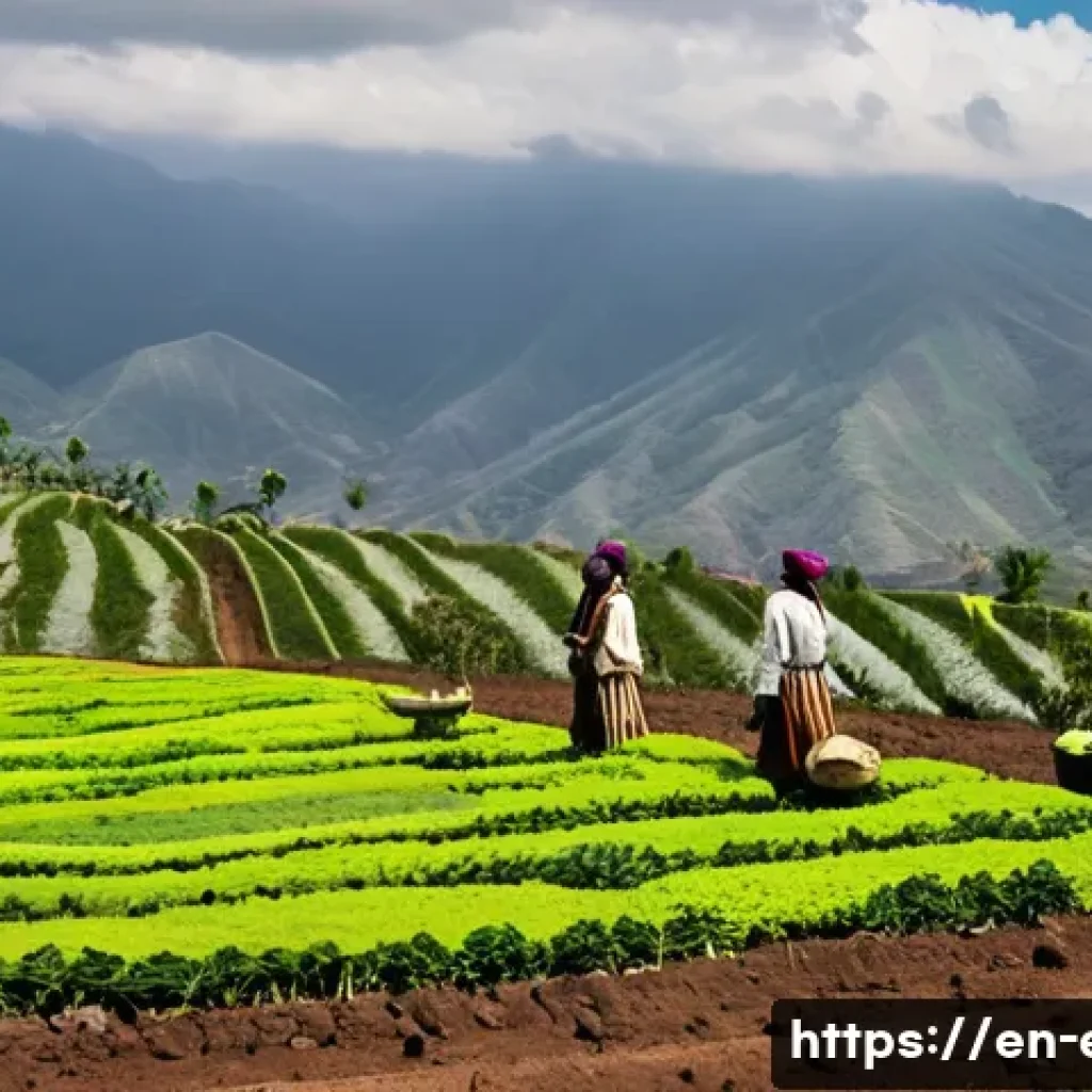 에리트레아의 향신료 생산 - A vibrant Eritrean highland spice farm scene showcasing lush green terraces under a partly cloudy sk...