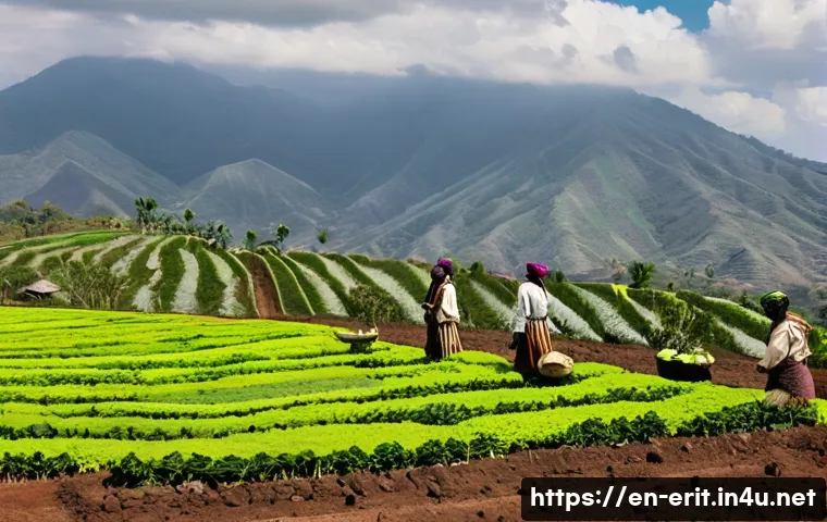 에리트레아의 향신료 생산 - A vibrant Eritrean highland spice farm scene showcasing lush green terraces under a partly cloudy sk...