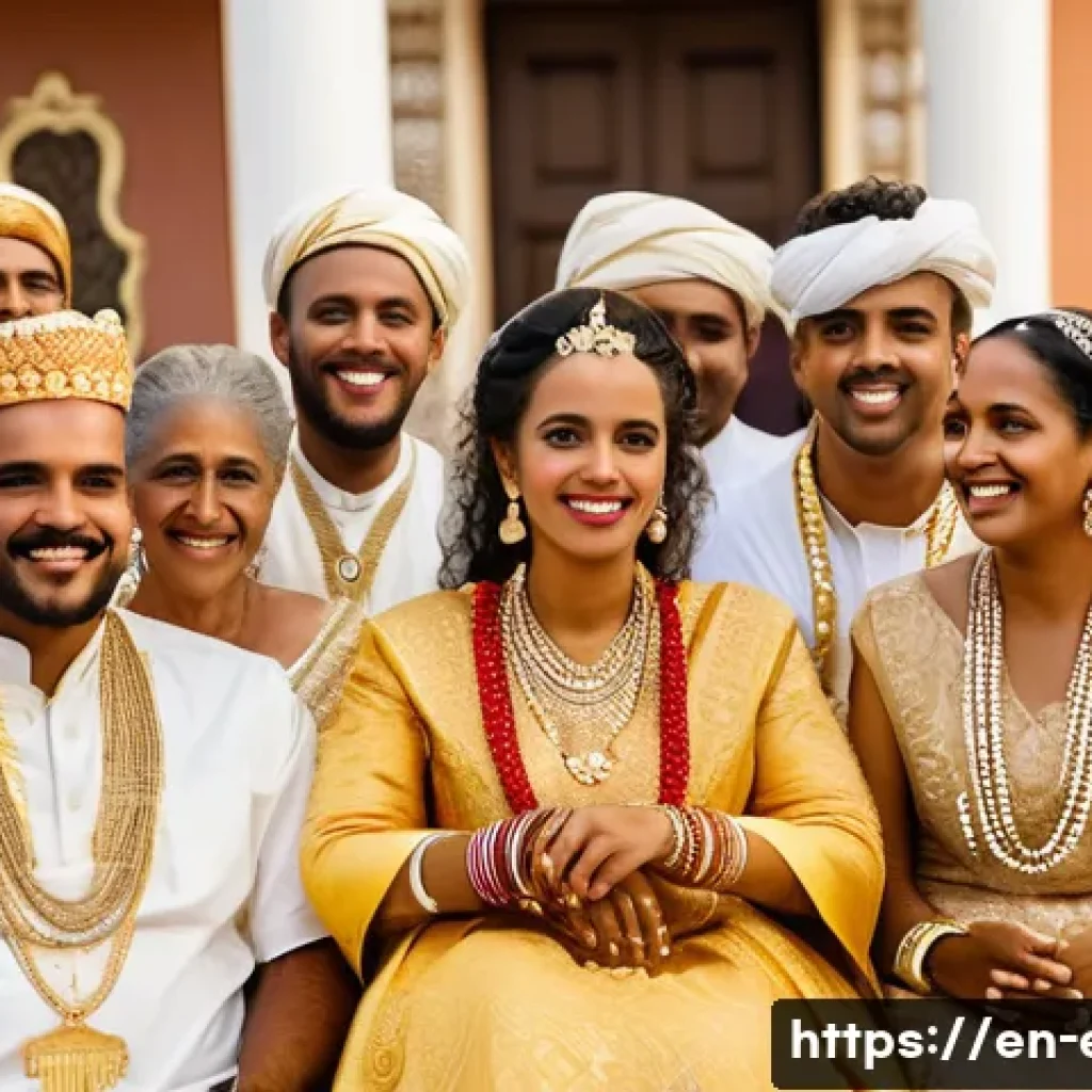 에리트레아의 결혼 관습 - A vibrant Eritrean wedding scene featuring the bride and groom dressed in traditional attire: the br...