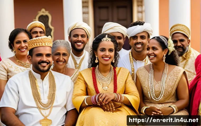 에리트레아의 결혼 관습 - A vibrant Eritrean wedding scene featuring the bride and groom dressed in traditional attire: the br...