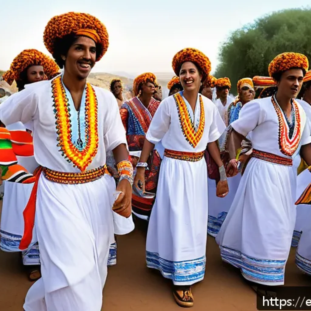 에리트레아 전통 춤 - A vibrant scene of Eritrean Tigrigna dancers performing at a traditional wedding celebration outdoor...