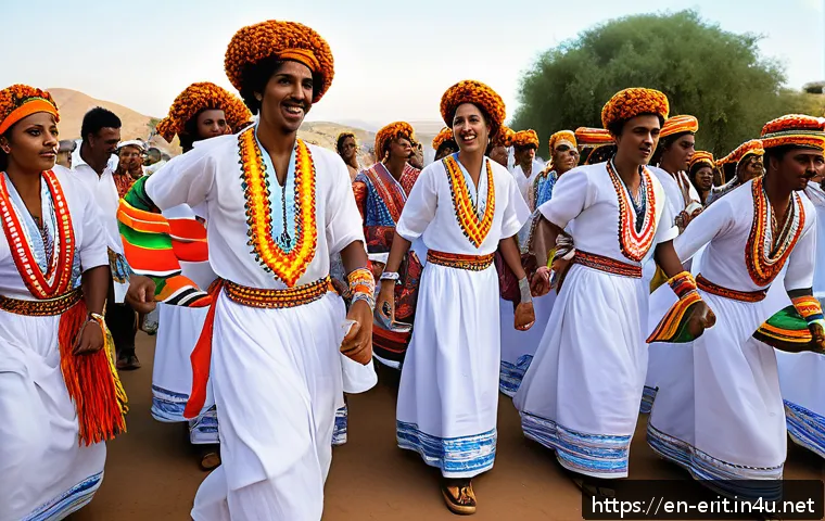 에리트레아 전통 춤 - A vibrant scene of Eritrean Tigrigna dancers performing at a traditional wedding celebration outdoor...