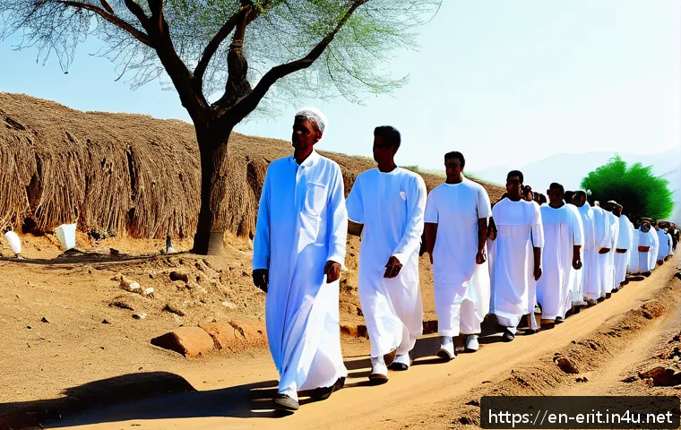 에리트레아의 장례 문화 - A solemn Eritrean funeral procession through a rural village, with extended family members and neigh...
