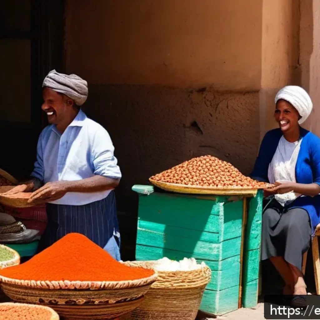 에리트레아의 길거리 음식 - A bustling street market scene in Asmara during daytime, vibrant stalls lined with colorful spices l...