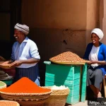 에리트레아의 길거리 음식 - A bustling street market scene in Asmara during daytime, vibrant stalls lined with colorful spices l...