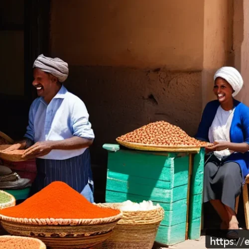 에리트레아의 길거리 음식 - A bustling street market scene in Asmara during daytime, vibrant stalls lined with colorful spices l...
