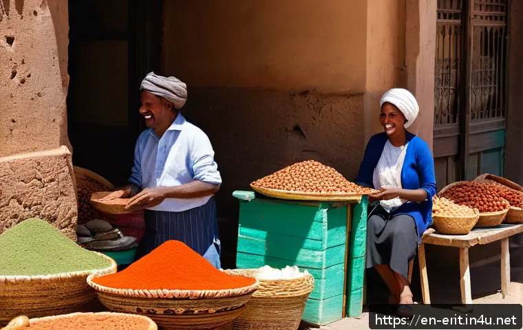 에리트레아의 길거리 음식 - A bustling street market scene in Asmara during daytime, vibrant stalls lined with colorful spices l...