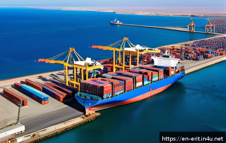 에리트레아의 수출입 품목 - A vibrant aerial view of the port of Massawa in Eritrea, showcasing modernized cargo handling facili...