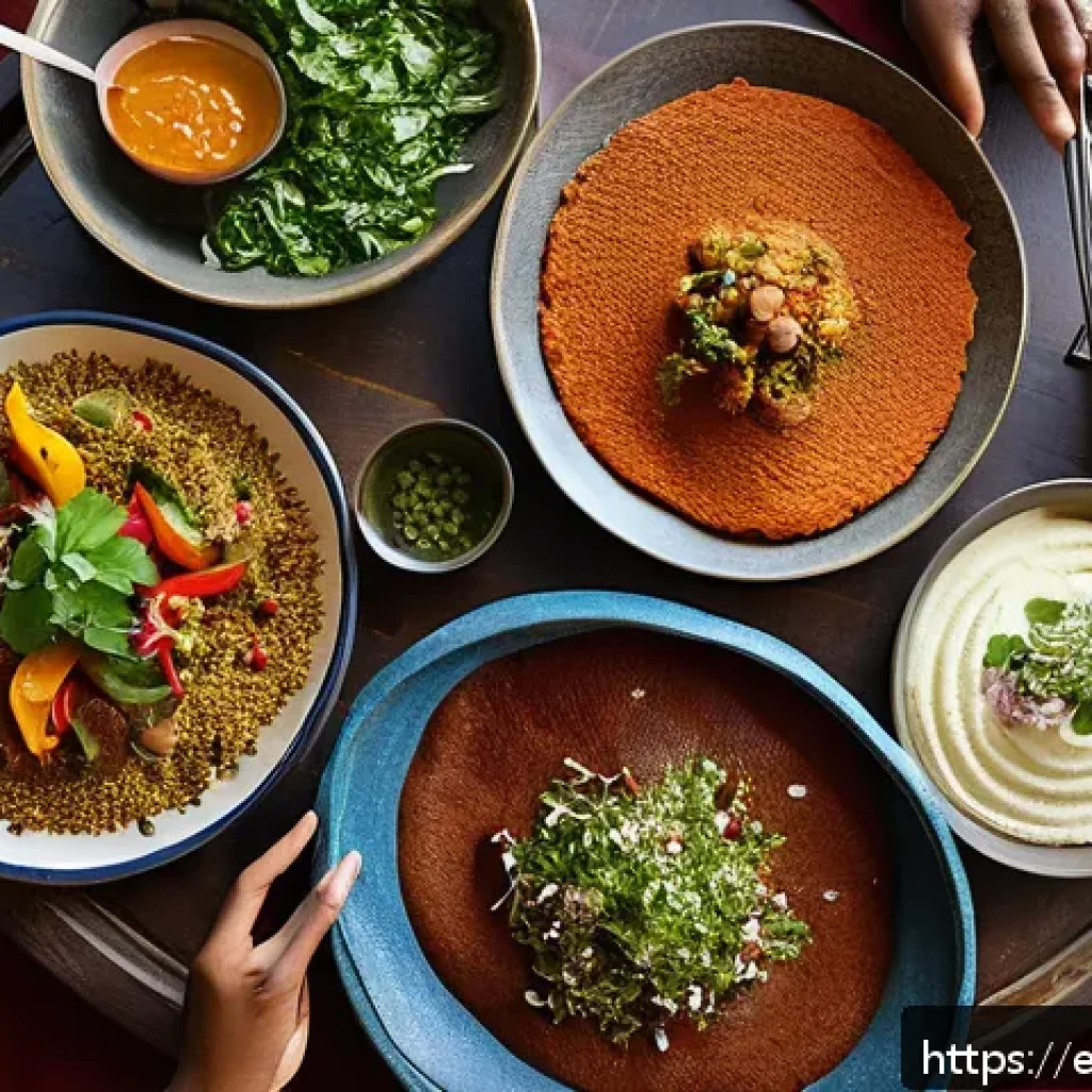 에리트레아의 명절 음식 - A vibrant communal Eritrean holiday feast spread on a large injera flatbread, showcasing colorful st...