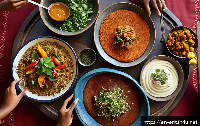 에리트레아의 명절 음식 - A vibrant communal Eritrean holiday feast spread on a large injera flatbread, showcasing colorful st...