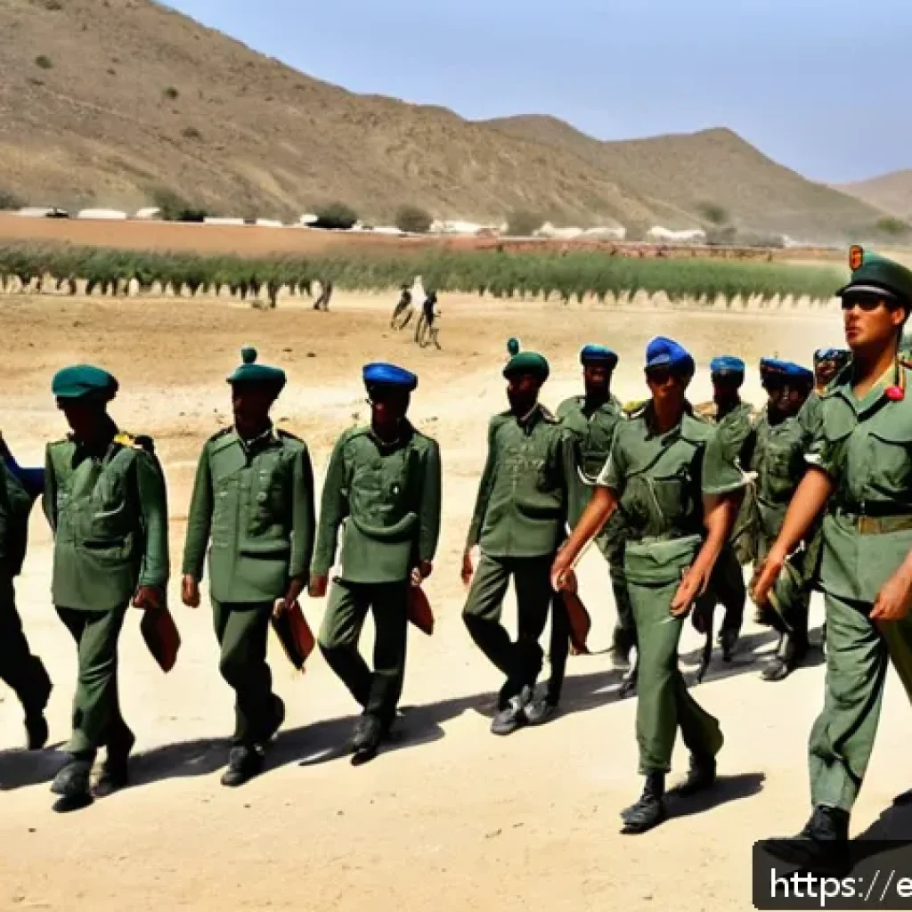 에리트레아 정부 비판 문제 - A detailed, realistic scene depicting a crowded Eritrean military training camp with young conscript...