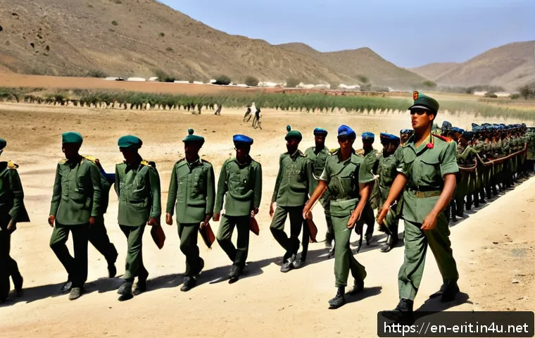 에리트레아 정부 비판 문제 - A detailed, realistic scene depicting a crowded Eritrean military training camp with young conscript...
