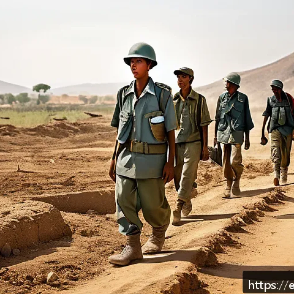 에리트레아 인권 문제 - A detailed scene depicting young Eritrean conscripts in a harsh, arid landscape working on governmen...