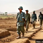 에리트레아 인권 문제 - A detailed scene depicting young Eritrean conscripts in a harsh, arid landscape working on governmen...