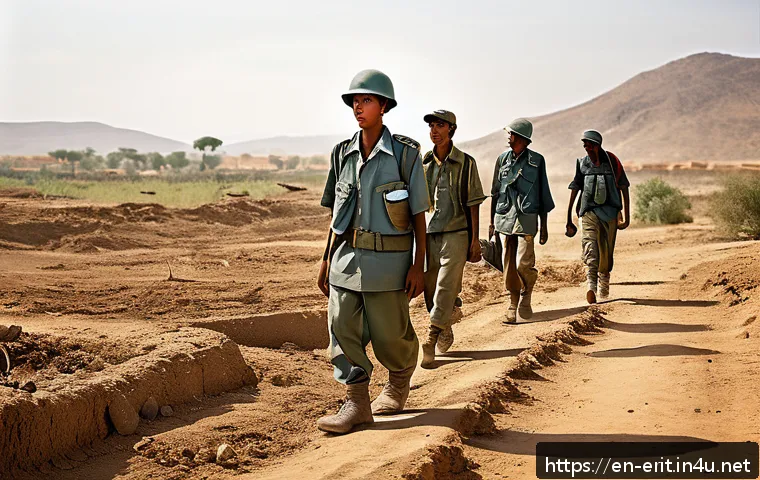 에리트레아 인권 문제 - A detailed scene depicting young Eritrean conscripts in a harsh, arid landscape working on governmen...
