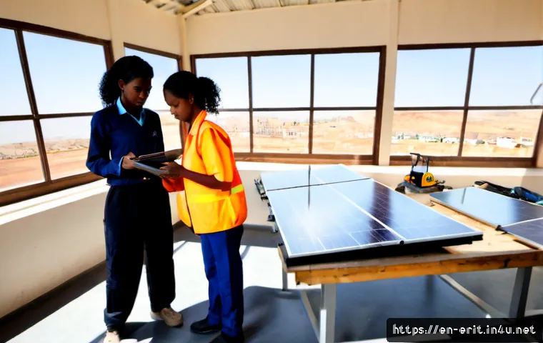 Home 17 에리트레아의 기술 혁신 - Photorealistic wide-angle scene inside a modern solar-powered technology hub in Asmara, Eritrea, sho...