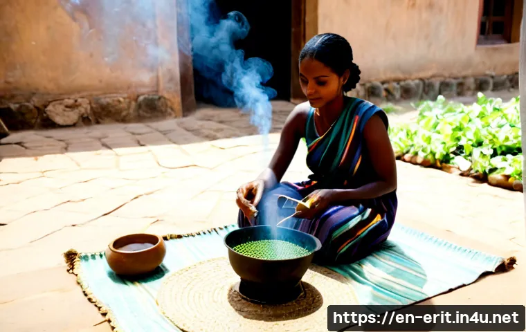 Home 17 에리트레아 커피 문화 - Photorealistic Eritrean traditional coffee ceremony in a warm family courtyard, a woman in modest co...