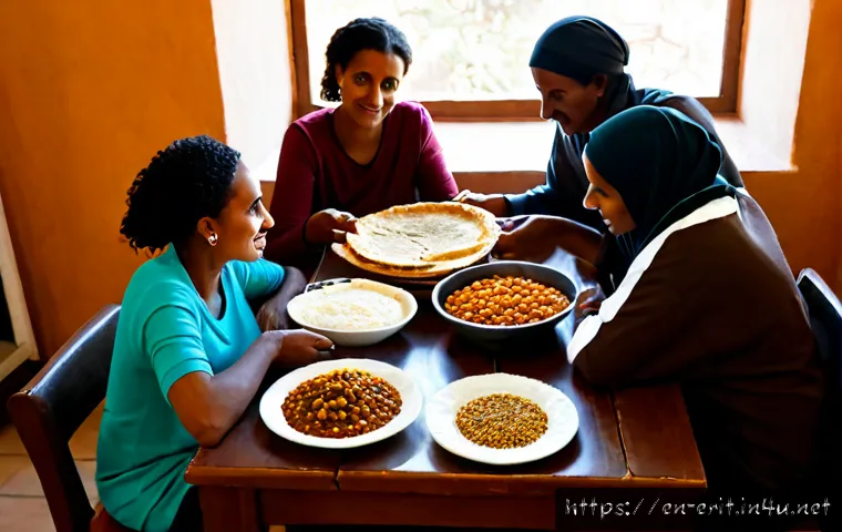 에리트레아의 식습관 - Photorealistic Eritrean family meal on a low dining table in Asmara, a large shared platter of injer...
