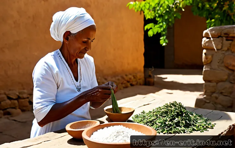 에리트레아 전통 의약품 - Photorealistic Eritrean traditional herbal medicine preparation in a sunlit highland courtyard, an e...