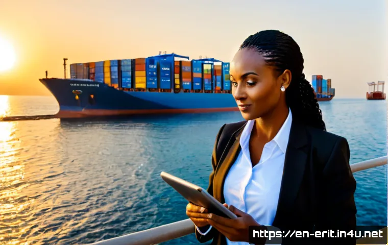 에리트레아 투자 기회 - Photorealistic wide-angle scene of a modern shipping terminal on Eritrea’s Red Sea coast at sunrise,...