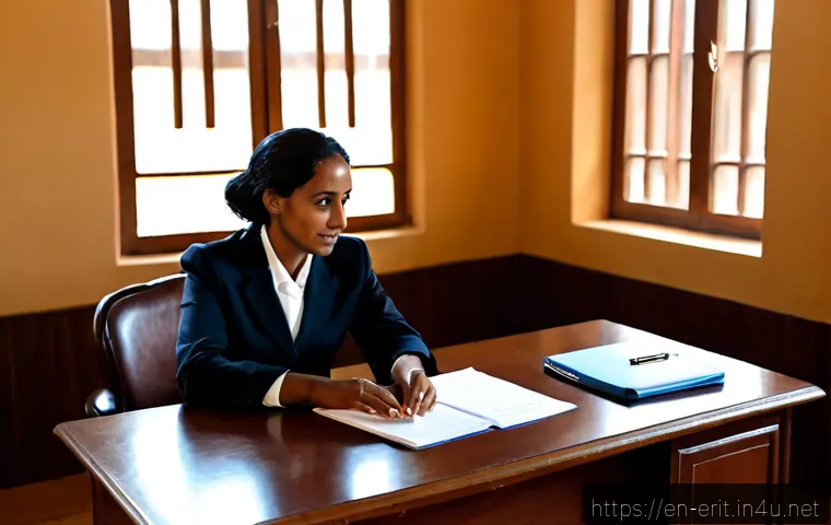 Home 17 에리트레아의 법적 절차 - Photorealistic legal consultation in Asmara, Eritrea, a middle-aged Eritrean woman in modest profess...